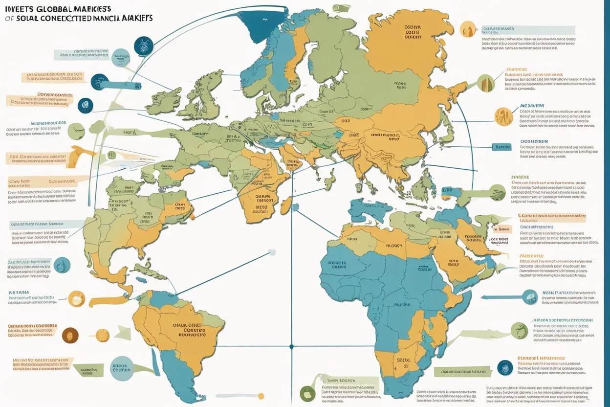 An infographic showing the interconnectedness of global financial markets, including stock exchanges, commodity markets, and bond markets.
