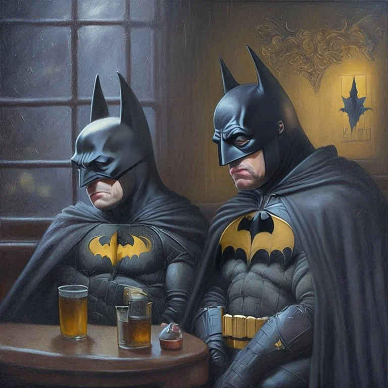 An oil painting of a dark universe masonic sad drunk batman and robin