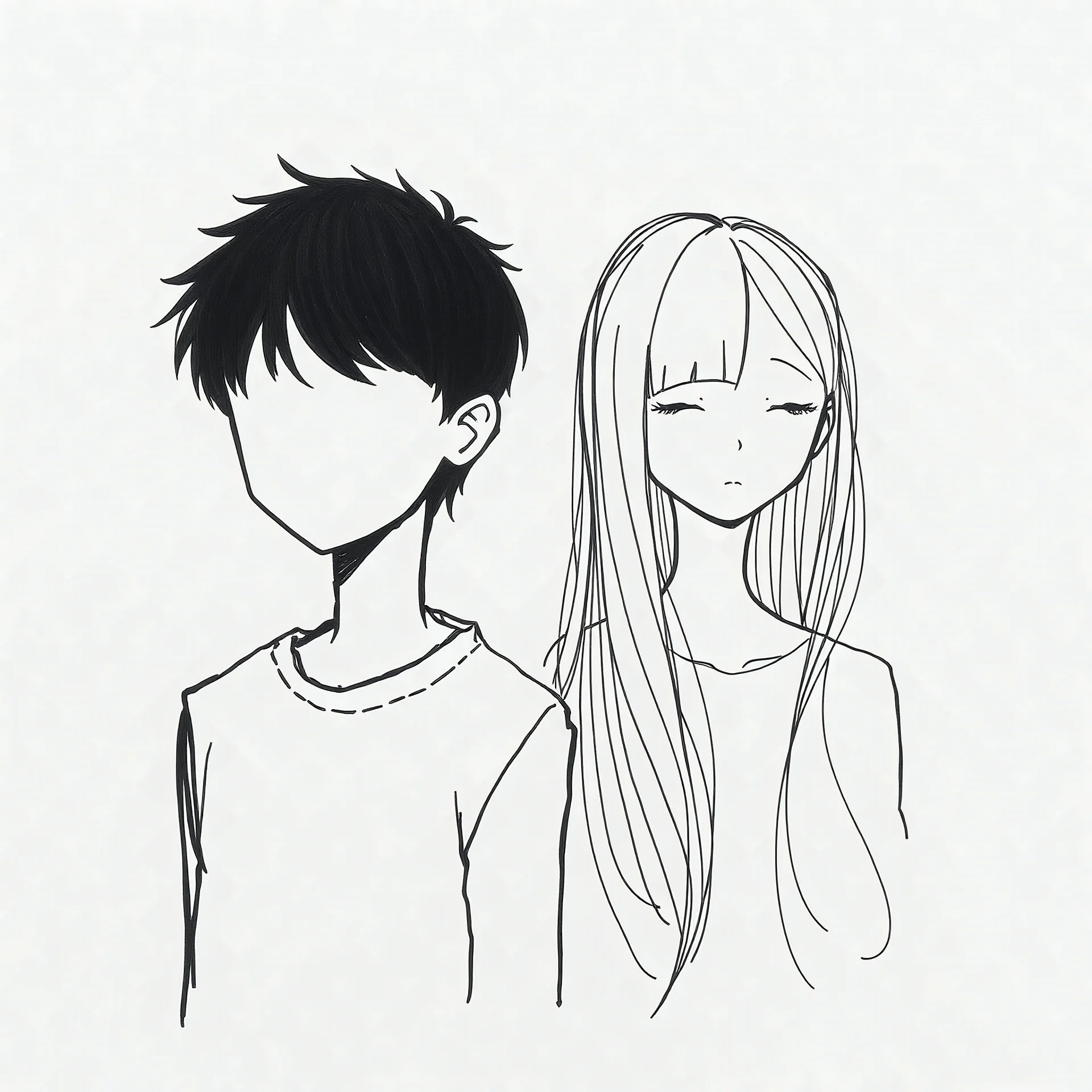 minimal continuous one-line portrait of a boy with black hair, and no face and a girl with long hair parted in the middle and no face, expressive and abstract, pen on textured paper, listening to music