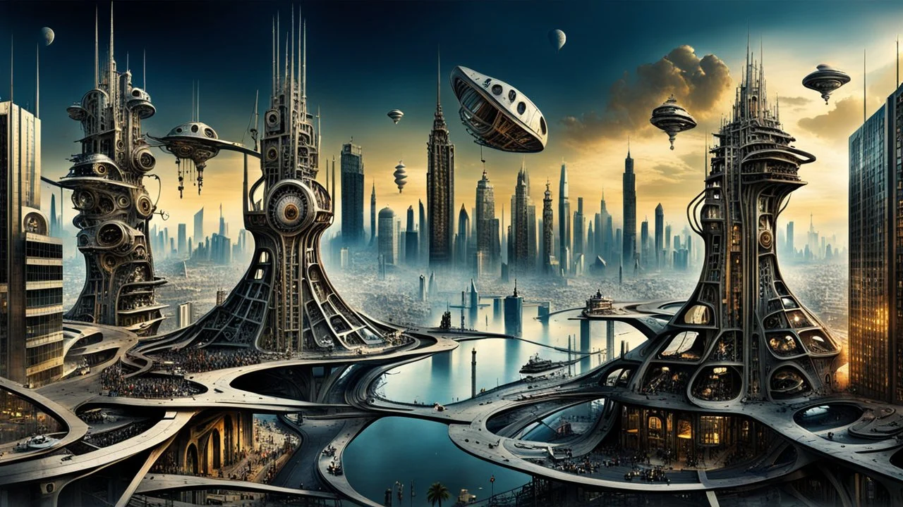 a stunningly weird image of a futuristic metropolis using Salvador Dali's paranoiac-critical method, where buildings and structures appear to melt into the skyline cityscape is filled with floating mad, twisted sharp metal shapes that interact with the buildings and each other, forming a surreal tableau of a dreamlike reality. neu-steampunk vibe, essence of the scene in a cinematic manner, with dramatic shadows that enhance the distorted perspectives and bizarre
