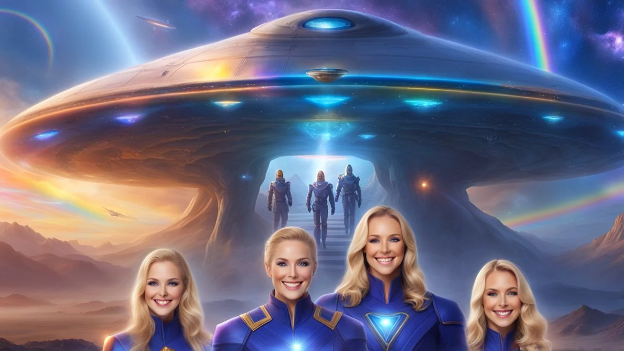 ufos rainbows,beautifuls paysages, fantastic colours,cosmic woman ,beautiful ufos rainbow, admiral from the future, galactic confédération, fine whole face, crystalline skin, expressive purple eyes,rainbow, smiling lips, very nice smile, costume pleiadian, Beautiful tall woman pleiadian Galactic commander, ship, perfect datailed golden galactic suit, high rank, long blond hair, hand whit five perfect detailed finger, amazing big puple eyes, mouth, high définition lips, cosmic happiness, bright