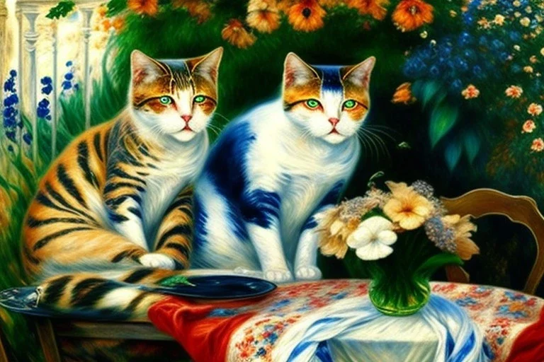 Two cats on a terrace. Auguste Renoir. Perfect eyes with perfect iris.