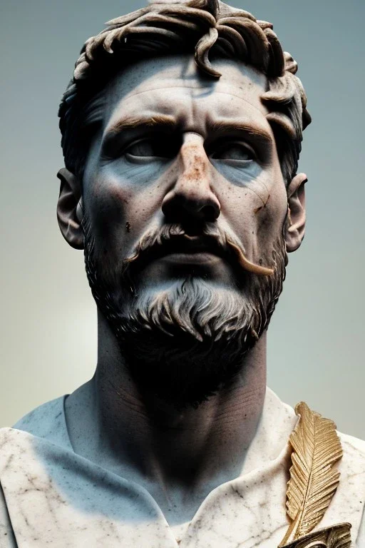 Ultra Realistic image, roman sculpture, white marble material, Lionel Messi, gold Laurel leaves crown, miguel angel style, chisel style, emperor, waist up portrait, epic, celestial style, cinematic lighting, God light, god rays, 4k resolution, smooth details, ornate details, soft lighting, unreal engine 5, blue background.