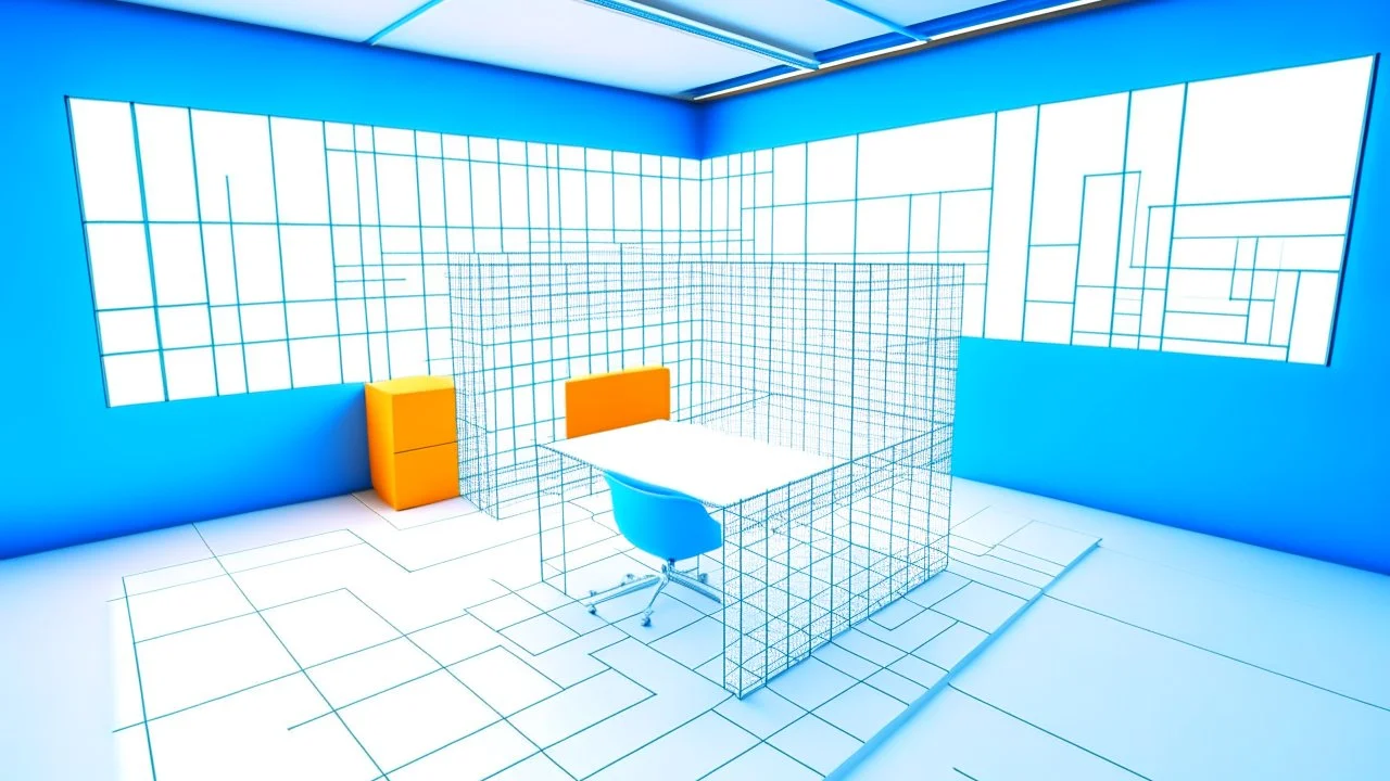 Create a futuristic office image with digital wireframe and 3D cubes. Use light blue and orange in a sleek, modern style, capturing the essence of forward-looking design.