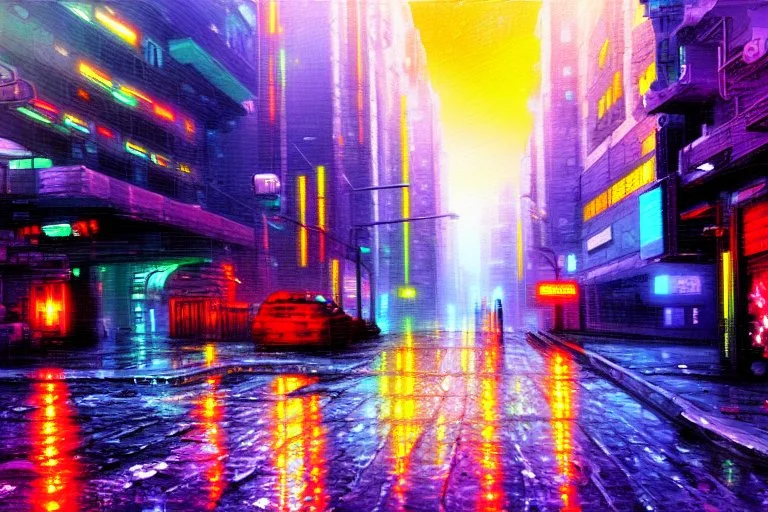 Cyberpunk street, impressionism painting