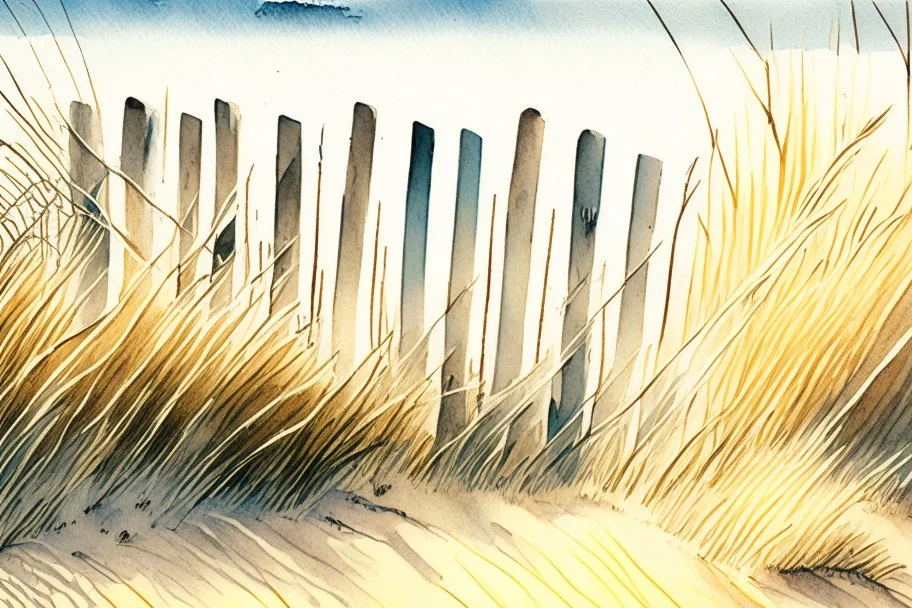 watercolor and pen illustration, loose brush strokes, stylish landscape, close up of weathered broken wooden fence with vertical slats on a sand dune, Maine beach on a sunny sunrise in the spring, wavy fescue beach grass, style of Ansel Adams, complex contrast, dynamic diagonal composition, muted colors, moody, nostalgic