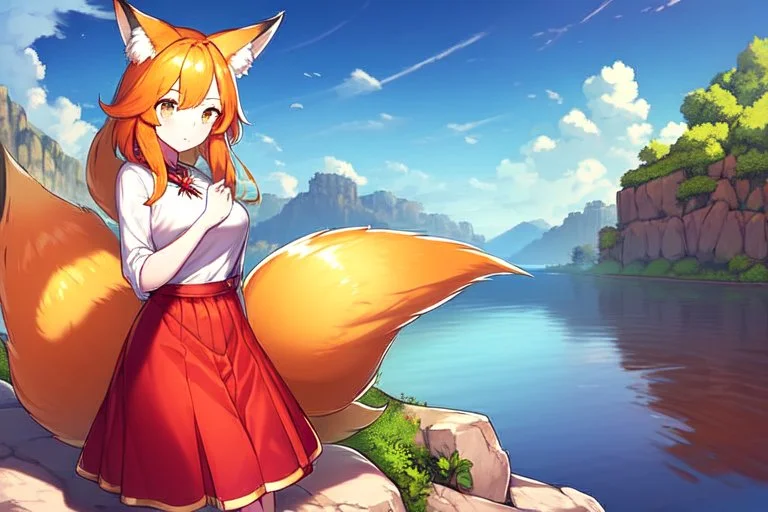 Girl, fox ears, big fox tail, orange hair, red skirt, river