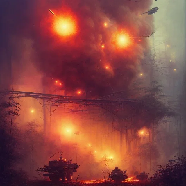 vietnam war. war report. napalm in jungle. bokeh. lens flare. warm lights. high detailed. beksinski