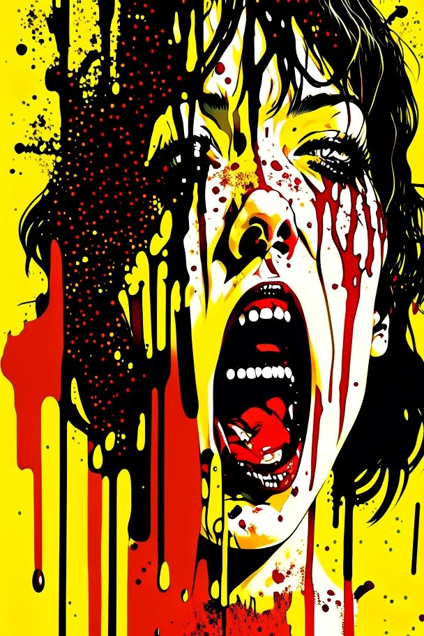 Digital illustration of 90s graphic design collage in Giallo highbrow artistic style portrait of italian actress Asia Argento covered in splattered blood, screaming, her eyes wide in terror, anime semi-realistic, exaggerated realism, macabre fine art, hardcore gore, horrorcut v.2, kandinsky 2.2,