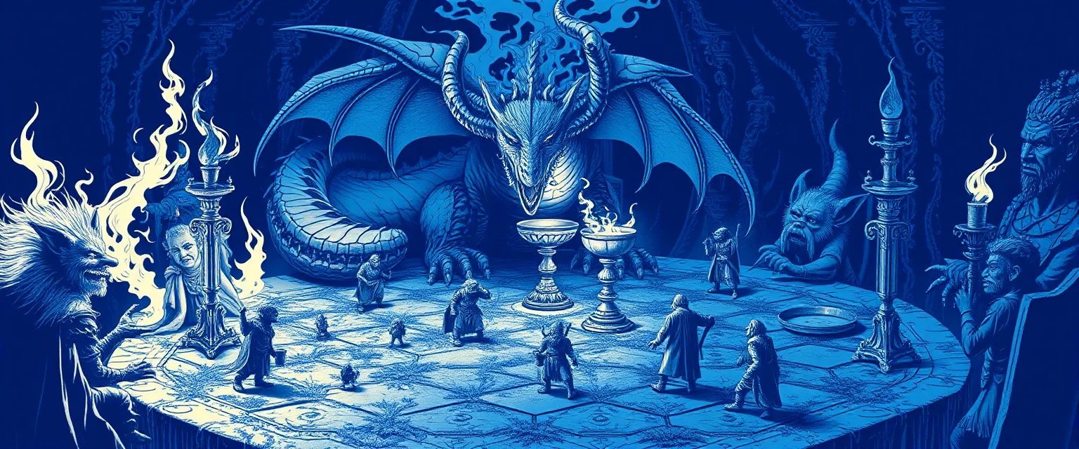 blue print of fire breathing dragon fox at banquet, big chalice, all pieces on a huge mossy hexagonal board game with miniature trolls