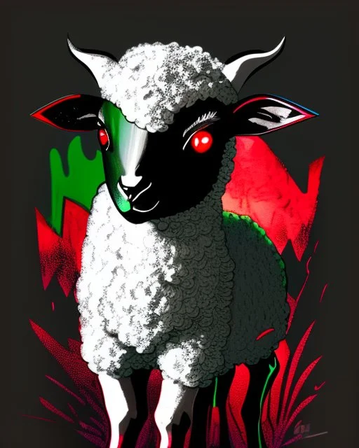 Comic book art style black lamb with red eyes, contrasting green meadow, cartoonist, digital portrait, dark fantasy, black iridescent skin, holographic, shiny, PVC texture, wet look, anime, gothic