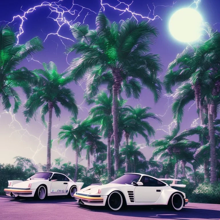 1980's aesthetic vaporwave palm trees and spheres and Porsche with lightning