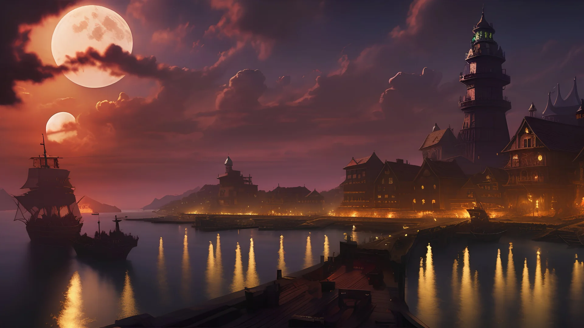 medieval pirate town by the sea, night, full moon, perfect composition, hyperrealistic, super detailed, 8k, high quality, trending art, trending on artstation, sharp focus, studio photo, intricate details, highly detailed, by greg rutkowski