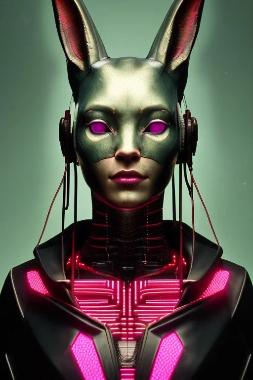 Medium Close Up Portrait, Front image. cyberpunk, rabbit mask, Asian woman, pink long hair. latex coat. Red, black, gold, color. Ghost in the shell style. Color background, photo studio. Avatar image, highly detailed, concept art, smooth, unreal engine 5, god rays, ray tracing, RTX, lumen lighting, ultra detail, volumetric lighting, 3d, finely drawn, high definition, high resolution.