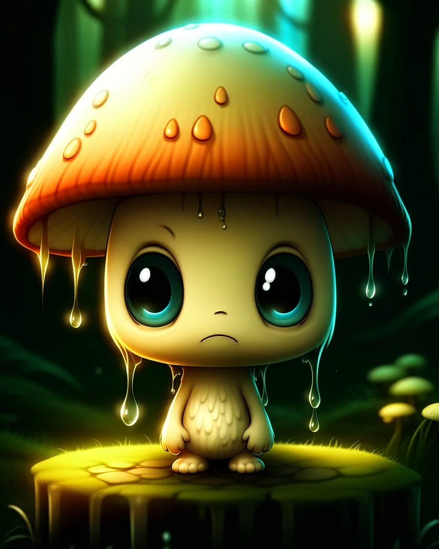 A melancholic creepy kawaii mushroom with a tiny, frowning mouth and big droopy eyes, sitting on a mossy log in a quiet and peaceful forest, lost in its own thoughtsto add personality