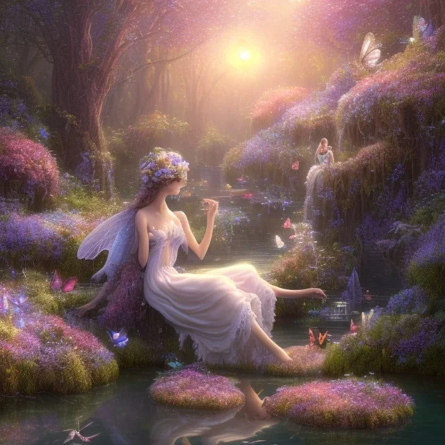 high-quality, fine-detail beautiful, stunning fairy sitting beside a clear, reflective lake, flowers, butterflies, small globes of iridescent light, tranquil, gorgeous, 8k resolution, 3D octane render, intricate, digital art, detailed matte, volumetric lighting, George Grie, Anne Dittman, Anne Stokes, Lisa Parker, Selina French, Alphonese Mucha