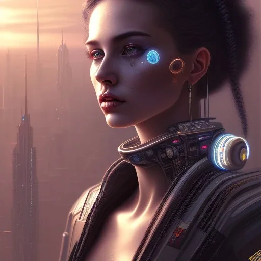 molly millions, closeup portrait of a young beautiful cyberpunk woman, mirror eye implants, black hair in a rough bun, sunset, neuromancer, street samurai, cyberpunk city background, megacity, gorgeous view, depth, painted by seb mckinnon, high detail, digital art, painted by greg rutkowski, trending on artstation