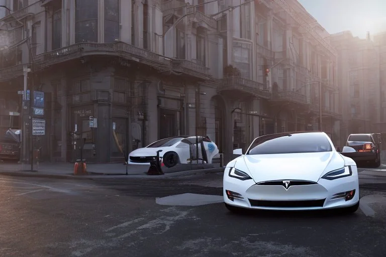 A Tesla 'Model S' is parked, on the streets of San Francisco. (CINEMATIC, WIDE ANGLE LENS, PHOTO REAL)