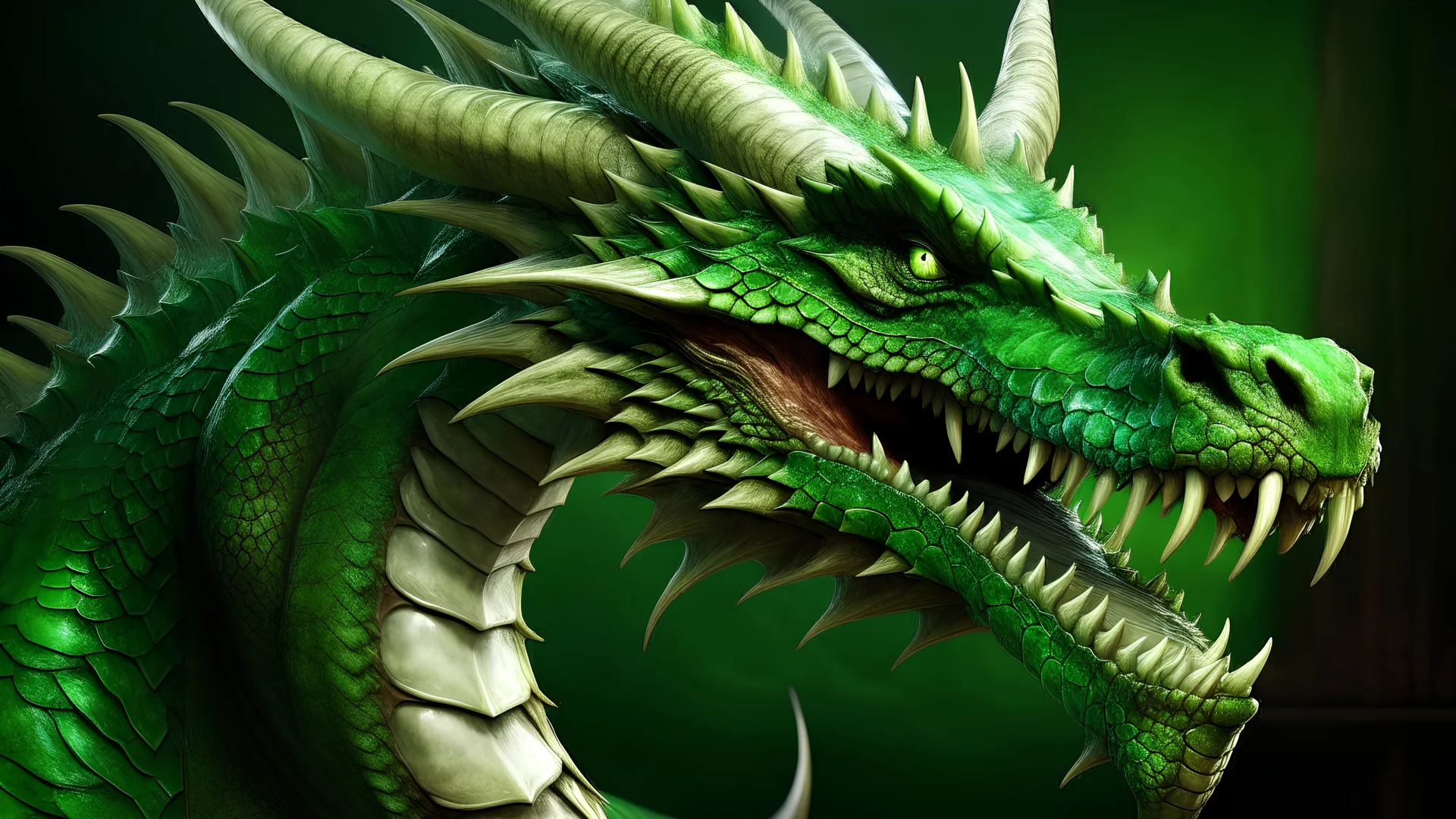 Сгенерируй большого, страшного, орущего зелёного дракона в полный рост