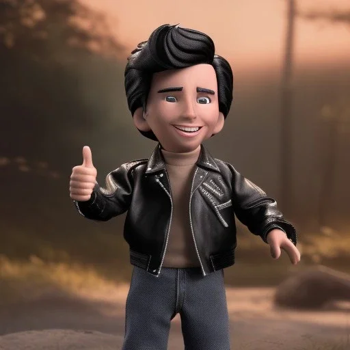 wide view young Fonz with black hair greaser figure doll 1983 (thumbs-up) (face) Forehead grin, fonzarelli, ((arnold's drive-in))