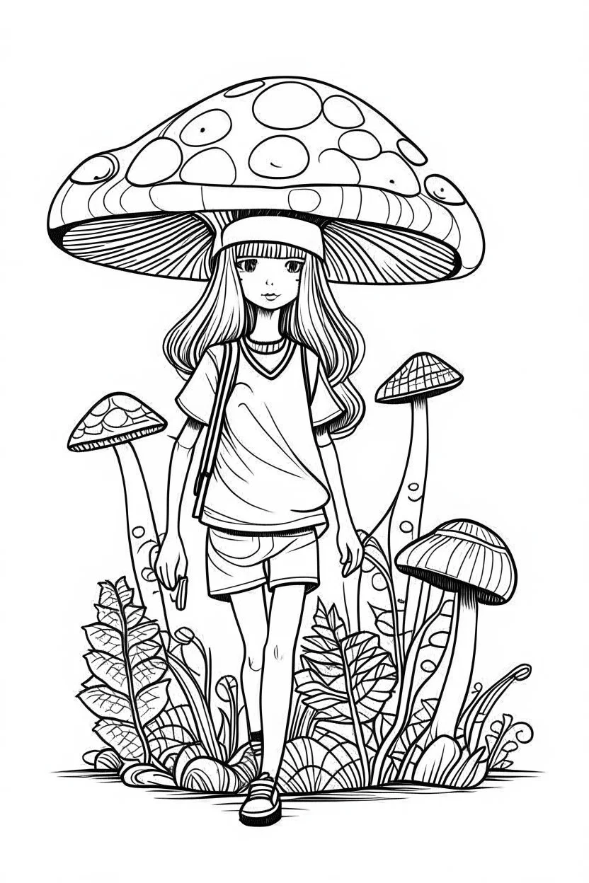 mushroom girl idea, line art, background, vector, svg, black outline on white background, leave plenty of white space beetween lines for coloring, tattoo style, tattoo idea,full body, minimalist