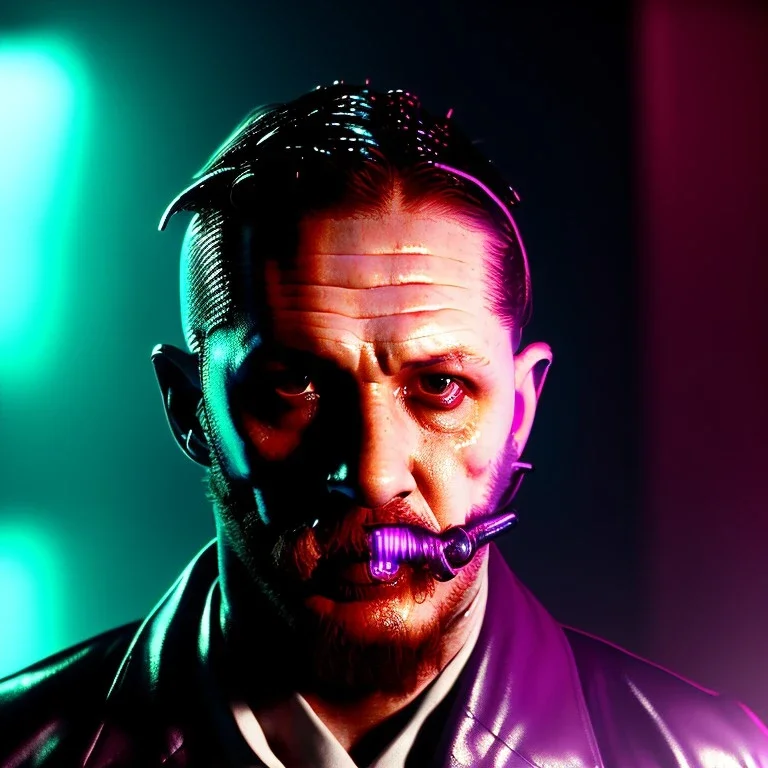 Actor, tom hardy, blade runner style, rain, fog, neon ambient, gradient color, clean skin, circuits, latex coat, cyber punk, neon, tubes, portrait, studio photo, unreal engine 5, smooth color, 16 bit, god lights, ray tracing, RTX, lumen lighting, ultra deatail, volumetric lighting, 3d, finely drawn, hd.