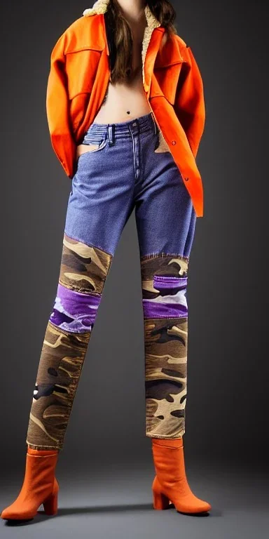 Model, woman. sérigraphie on denim with orange,terracotta, cream and purple colors. Camouflage patterns are screen printed on denim. Brunette woman in her 30's. thick thighs, thick calves, flat belly, wide hip. Mantle is sewed of recycled Denim and sewed together of camouflage pieces. It is with big bright purple felt tippet and cream-colored-hood. mantle is merged with satchel. Style: Haute Couture in 1920's and 1990's in New York. Paris in 2023