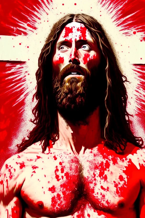 "Beefcake Jesus" depicts a satirical portrait of Jesus that has had red paint splattered on it by Fundamentalist protestors