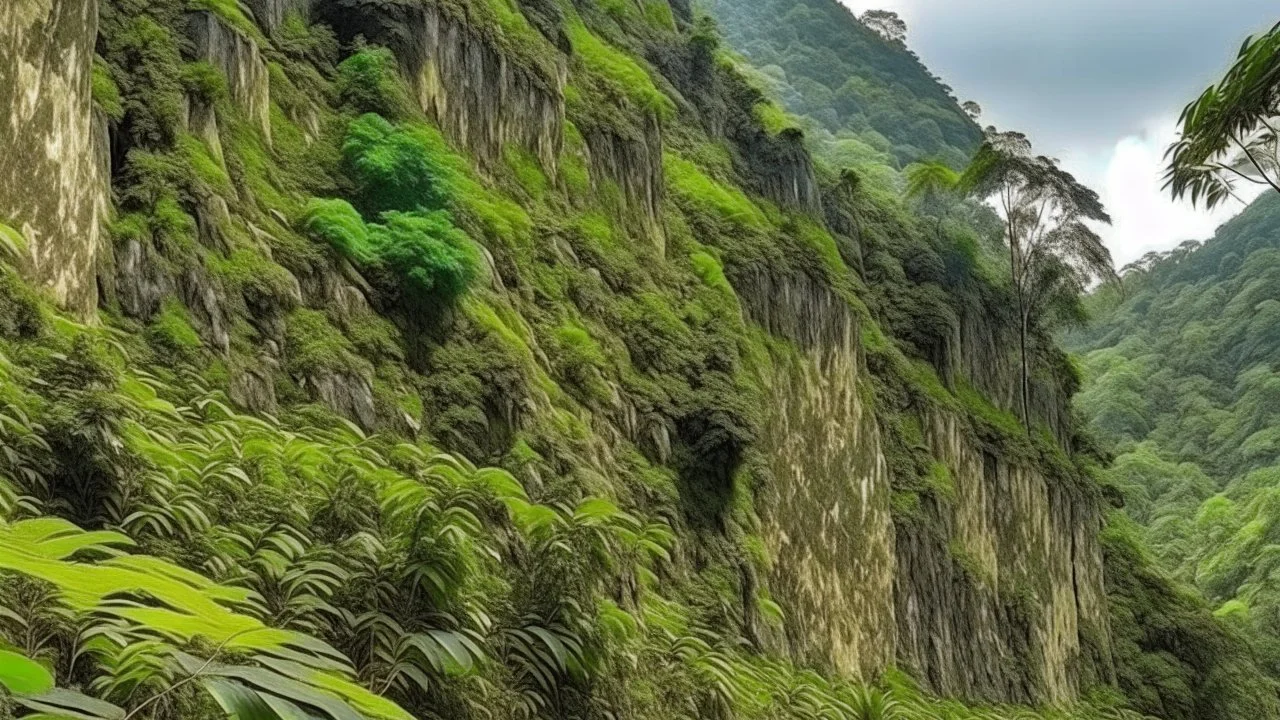 flat wall of rock in the jungle at the foot of the mountain