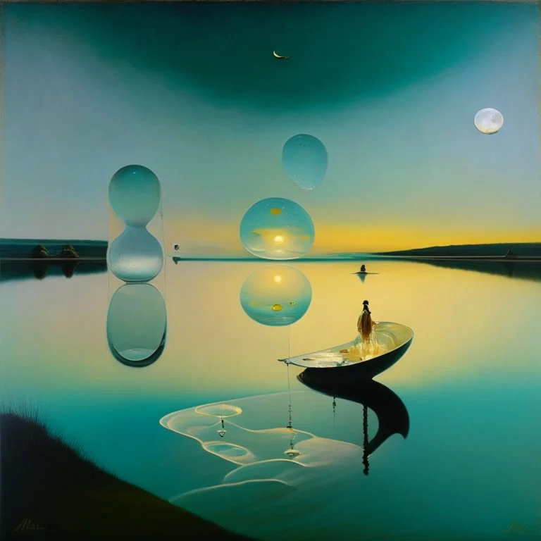 dusk landscape with lake,boat and human body, universe-like Soap Bubble,complex surgical instruments mixed with human body-like musical instruments,minimalism,Painting By Adrian Ghenie, Rene Magritte, Salvador Dali, Lucian Freud