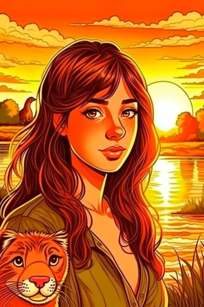 girl, brown hair, brown eyes, sunset, nature in the background with animals, handdrawn, river