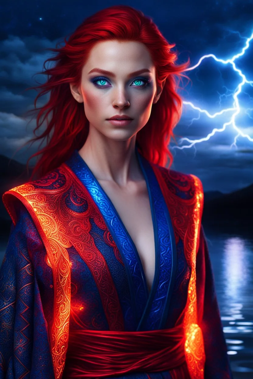 detailed blue eyes, female half elf, red sleek lob hairstyle, detailed glowing ornamental magical pattern robe, glowing gem crackling with lightning implanted on robe, 8k, high detail, lake background, midnight, facing viewer, front facing