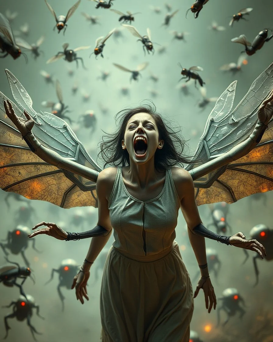 horror, swarming mechanical robotic insects, screaming woman, broken wings