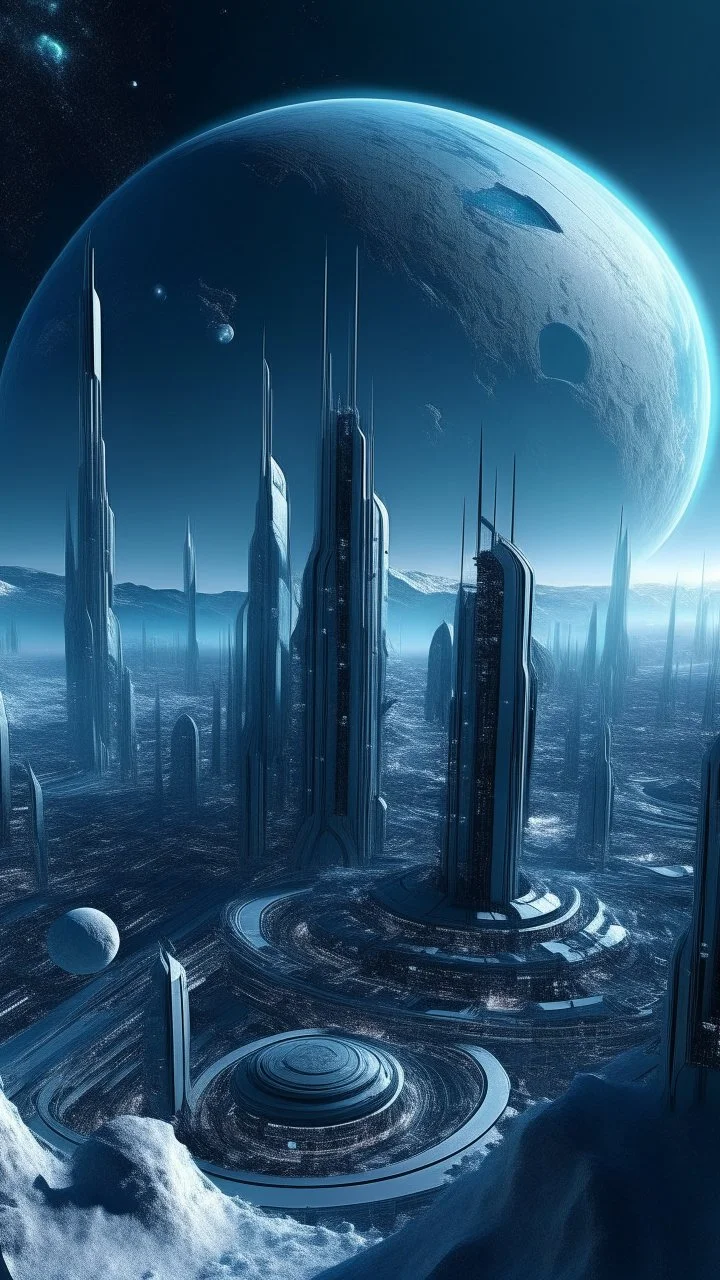 sci fi planet, busy city, futuristic glacia