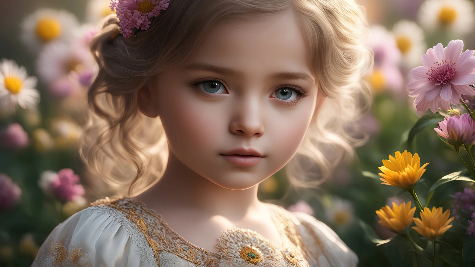 49216. young little girl, head and chest, perfect eyes, flowers, exquisite composition, thoughtful, self-assured, confident, beautiful, peaceful, kind, beautiful detailed intricate insanely detailed octane render trending on artstation, 8k artistic photography, photorealistic concept art, soft natural volumetric cinematic perfect light, chiaroscuro, award-winning photograph, masterpiece, raphael, caravaggio, greg rutkowski, beeple, beksinski, alma tadema, Bouguereau