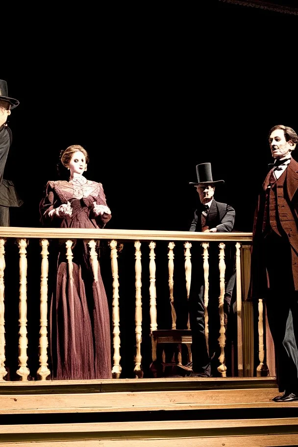 llustrate the presidential box on the balcony level, portraying Abraham Lincoln, his wife, and their guests as they enjoy the play. Highlight the vulnerability of Lincoln without proper security, setting the stage for the impending tragedy