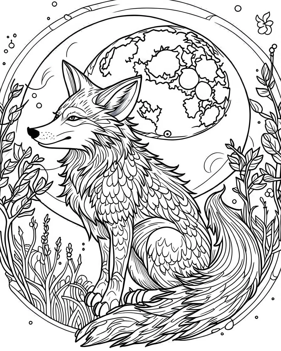 A fox looking up at the moon. coloring page adult