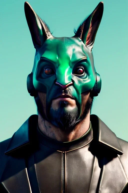 Medium Close Up Portrait, Front image. cyberpunk, rabbit mask, strong man, long hair and beard. latex suit army. Green, black, color. Dron style. Color background, photo studio. Avatar image, highly detailed, concept art, smooth, unreal engine 5, ray tracing, RTX, lumen lighting, ultra detail, volumetric lighting, 3d, finely drawn, high definition, high resolution.