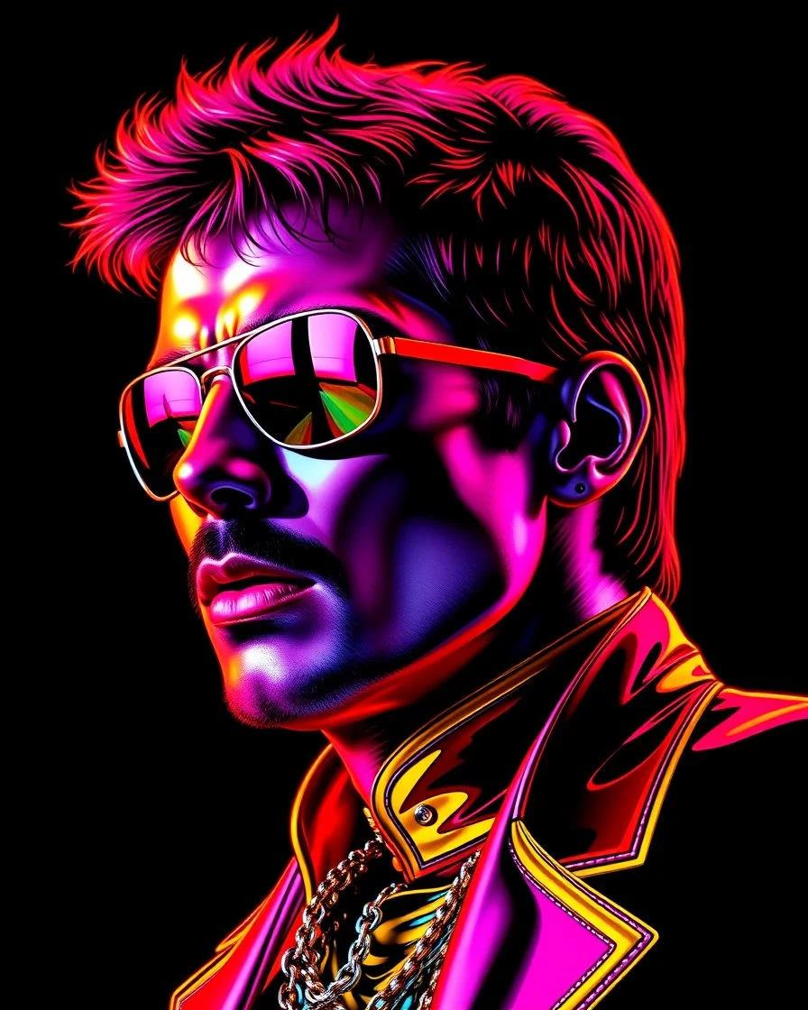 WPAP Pop art style Freddie Mercury outside emboss 3d shiny cubis mirrors glass minimalist Neo Surrealisme Unique surrealistic artwork brutal multicolor neon colors,find details,UHD neons,black background