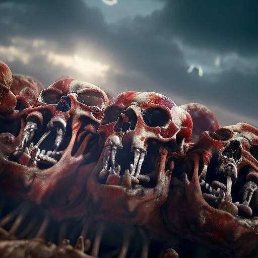 a picture of a dark, comedic, anatomically correct wall of red white and blue tightly packed stacked skulls of varying sizes and expressions, photo realistic, insanely meticulous, highly detailed, part of a collection of bones on display, 64k, dystopian, vray, anatomically correct, dystopian, horror, soviet retrofuturism