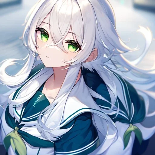 Clear focus, High resolution, , white hair, fluffy hair, between eyes,green eyes, wearing a sailor uniform, frowning