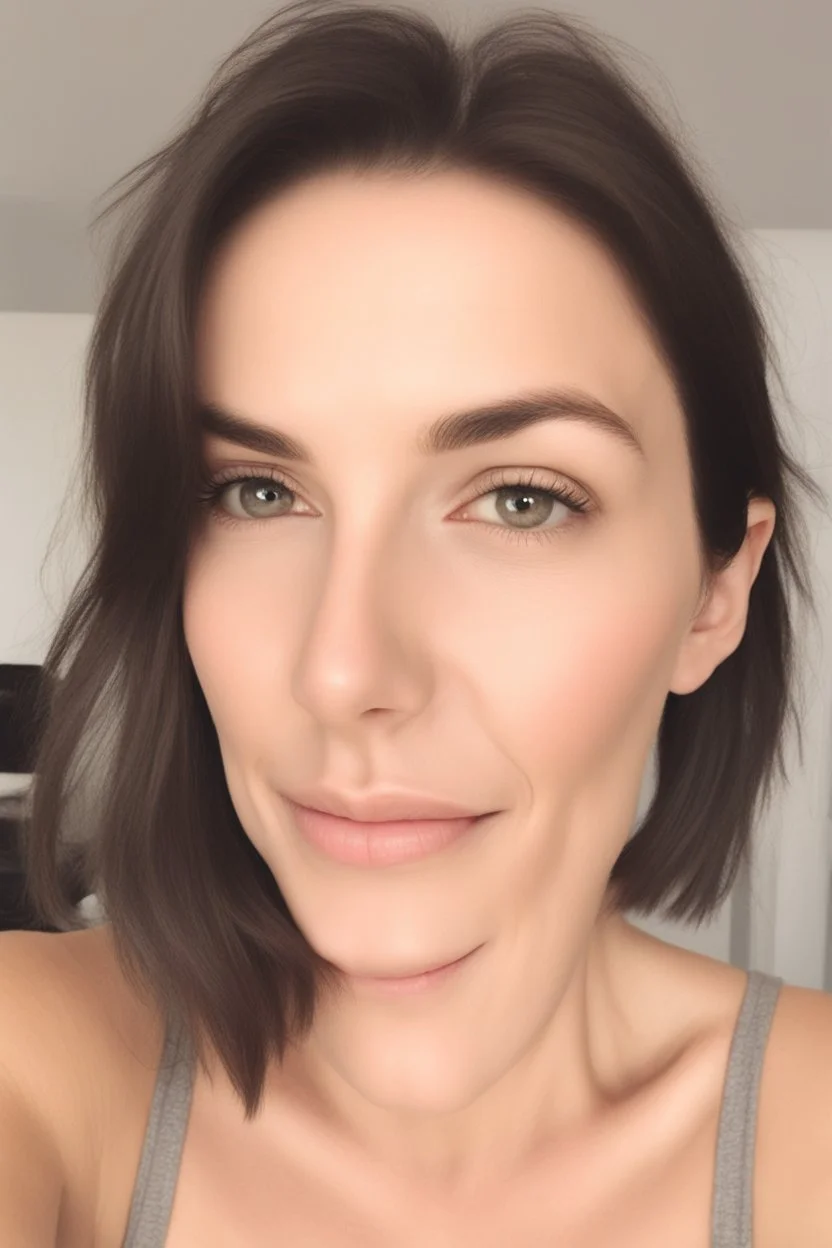 A selfie of a brunette woman, middle short hair taken at spa salon. showing incredibly beautiful extremely attractive 37-year-old European woman. (She has white skin, tousled black hair, pretty face without makeup, big round brown eyes, cute profiled nose, detailed full lips.)