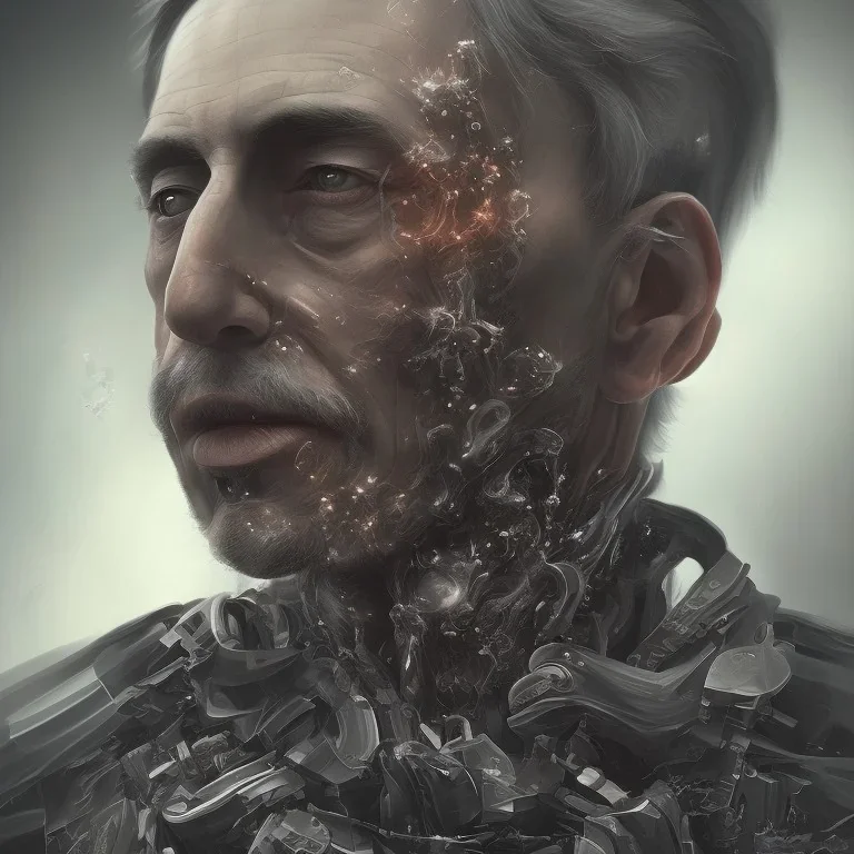 Portrait of a somber man disintegrating in ether and cosmos,Extremely detailed digital painting.