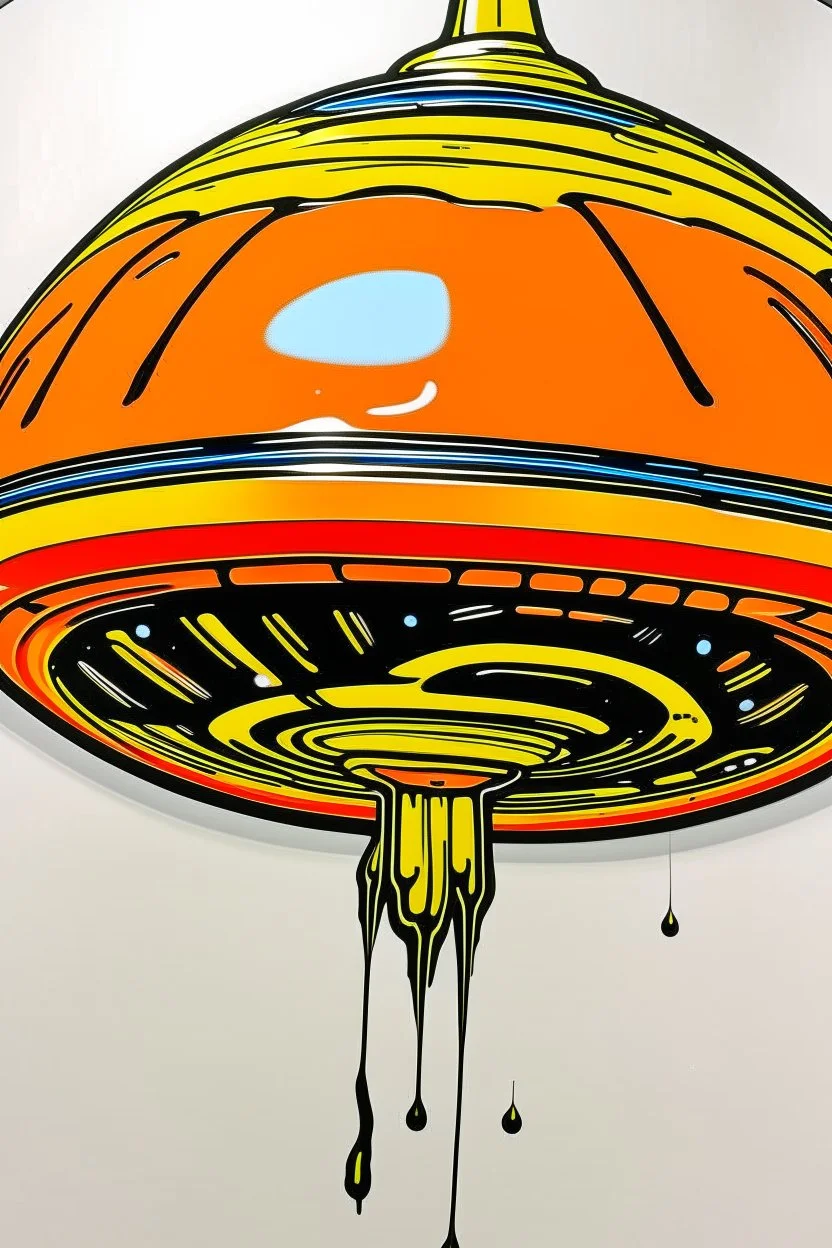 An orange colored electrical UFO made out of jelly painted by Roy Lichtenstein