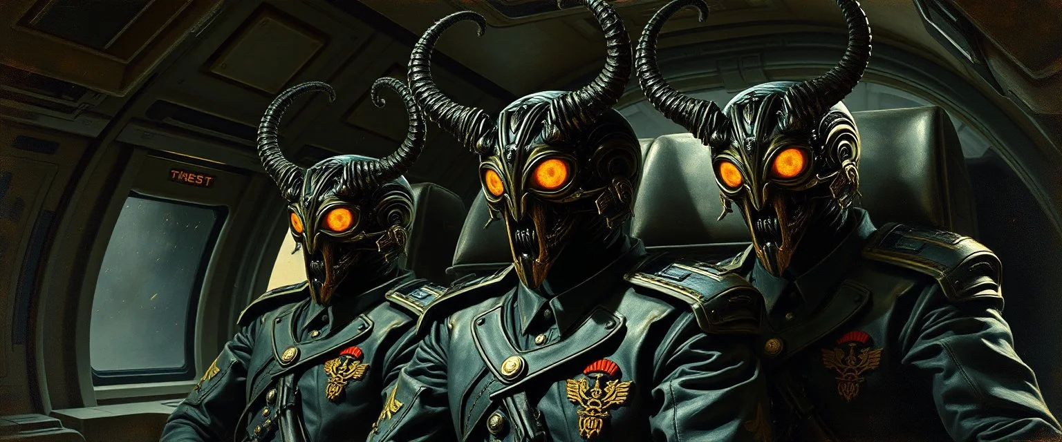 master oil painting by Rembrandt, insectoid Nephilim fascist trauma watchers glistening uniform with insignia in messed up space ship, in the style of Giger