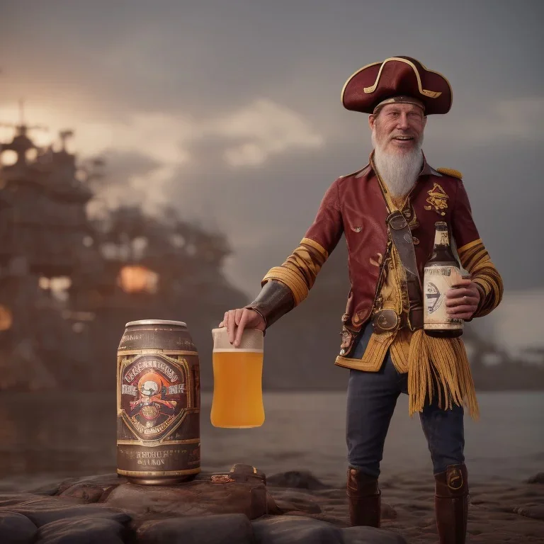 Ein Captain der Captain cidra heisst. Er hält ein Bier in der Hand. Er steht vor einem piratenschiff. Im Hintergrund sieht man Zitrusfrüchte