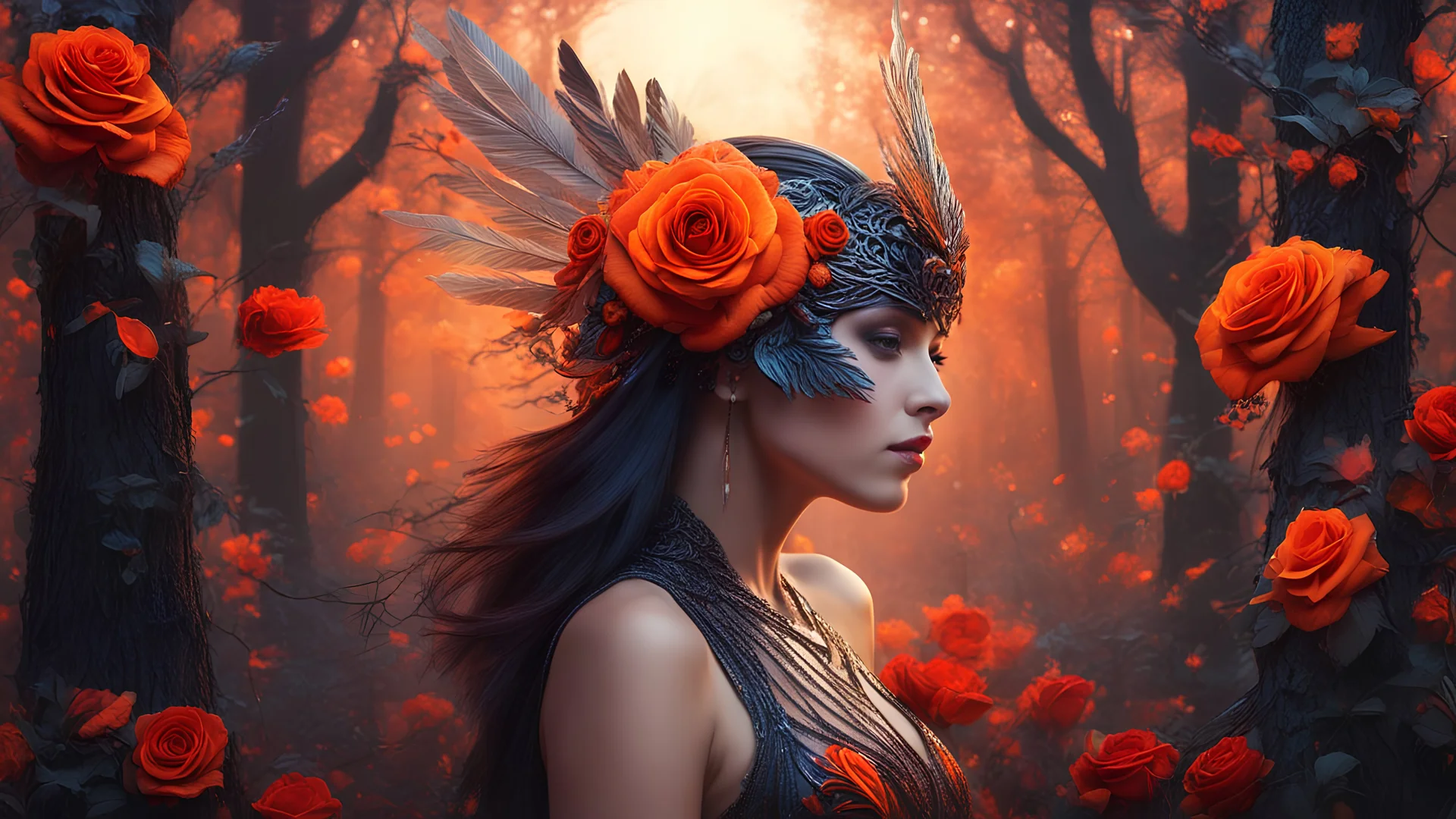 magical bird woman hybrid creature with feather headpiece in red orange rose forest, trees, flowers, fairy lights, night, 8k, high quality, trending art, trending on artstation, sharp focus, studio photo, intricate details, highly detailed, by greg rutkowski