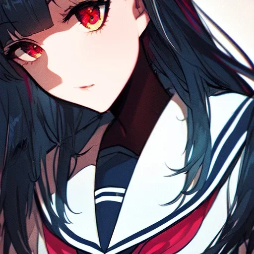 Clear focus, High resolution, long black fluffy hair, red eyes, chopped bangs, wearing a sailor uniform, wearing a sailor skirt, colorful, hollywood, female, no outlines, extreme close up, rough line sketch