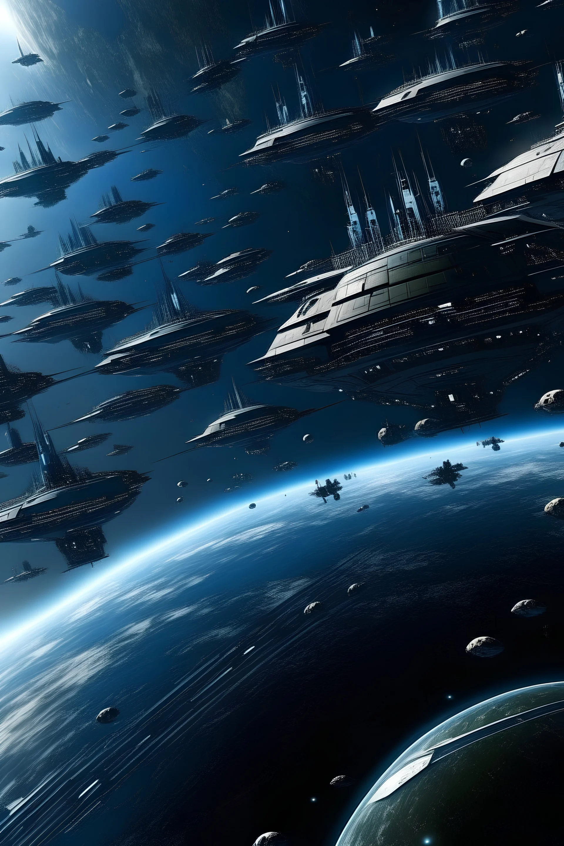 Lots of futuristic spaceships all flying away from the earth