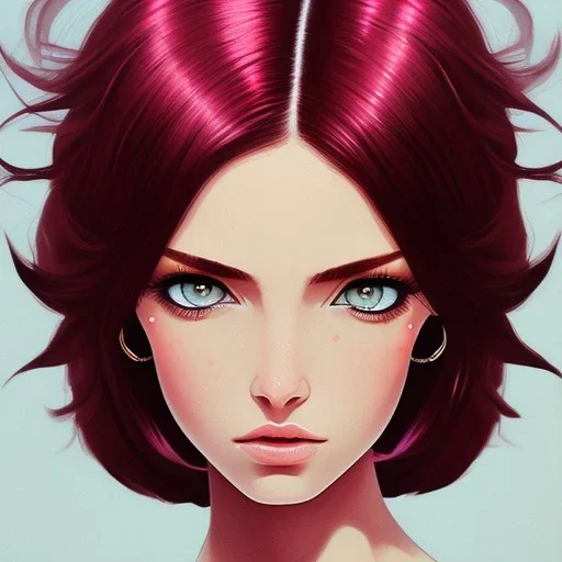 crystal clear blue eyes, and dark pink hair, dot eyebrows, woman, angry expression, pointy ears, long hair, sexy, young, beautiful